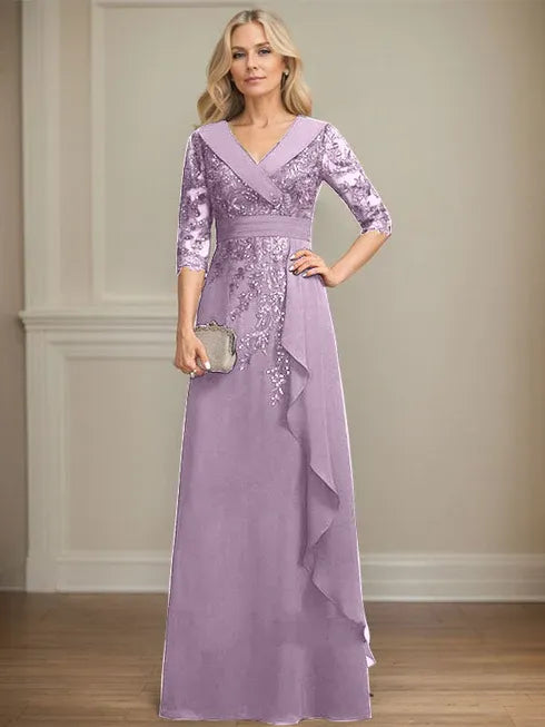 A-line Collared V-Neck Floor-Length Lace Chiffon Mother of the Bride Dress With Sequins Cascading Ruffles