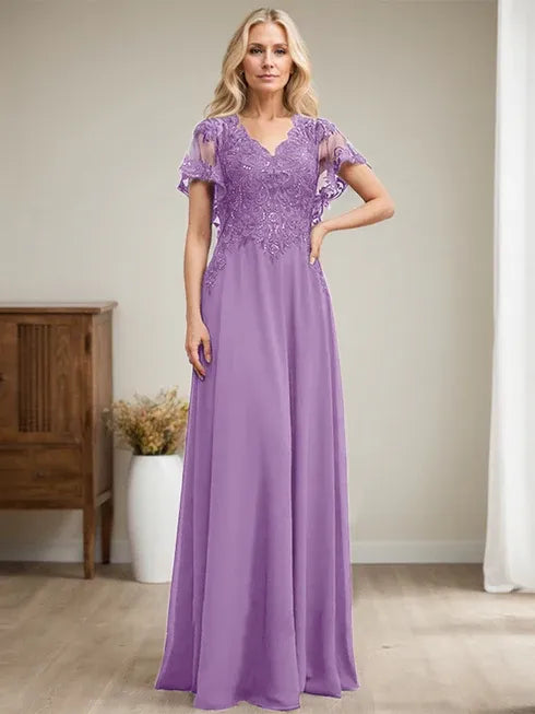 A-line V-Neck Floor-Length Lace Chiffon Mother of the Bride Dress With Sequins