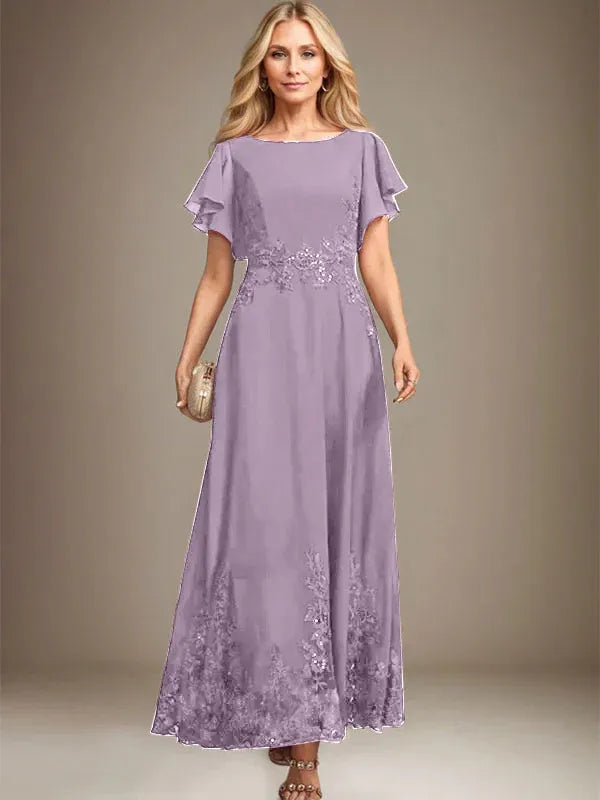 A-line Scoop Ankle-Length Lace Chiffon Mother of the Bride Dress With Sequins