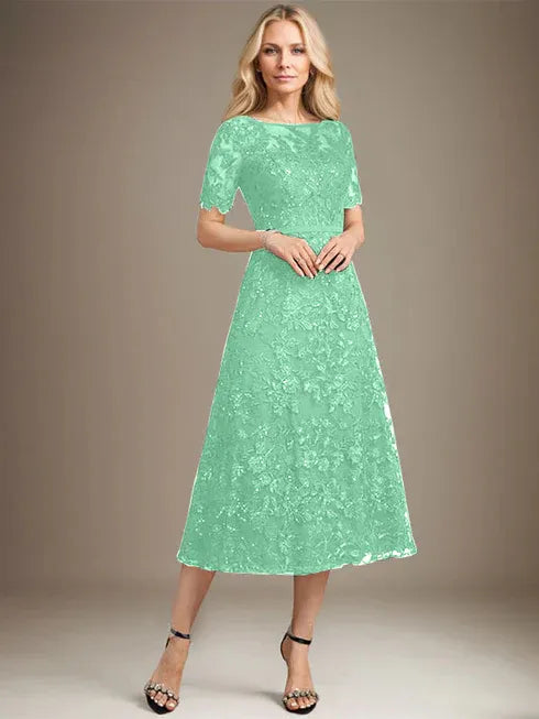 A-line Scoop Illusion Tea-Length Lace Mother of the Bride Dress With Sequins