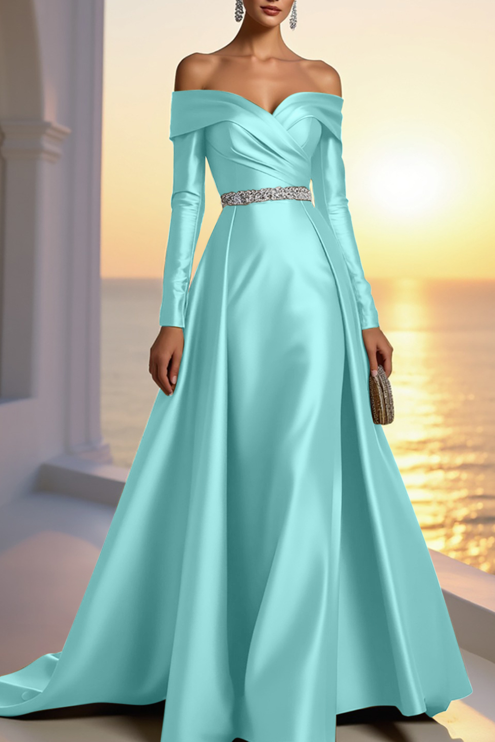 Formal Gold Satin Dress Off The Shoulder Long Sleeve Maxi Gown