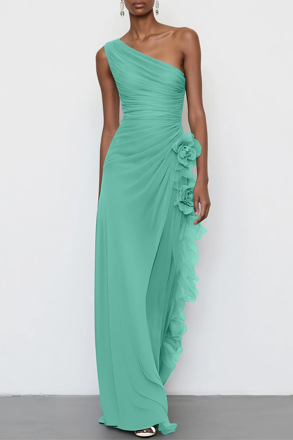 Light Blue 3D Floral Chiffon One Shoulder Sleeveless Sheath Maxi Dress