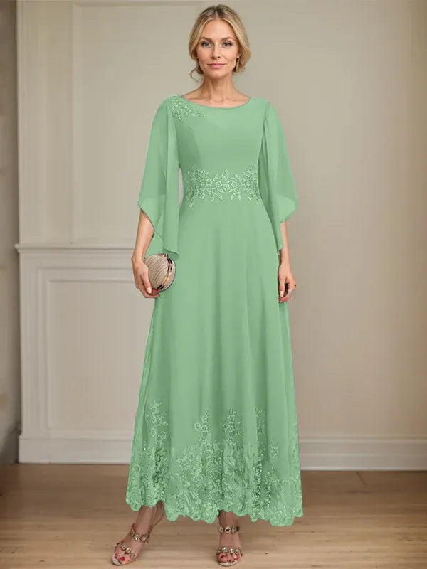 A-line Scoop Illusion Ankle-Length Lace Chiffon Mother of the Bride Dress With Sequins