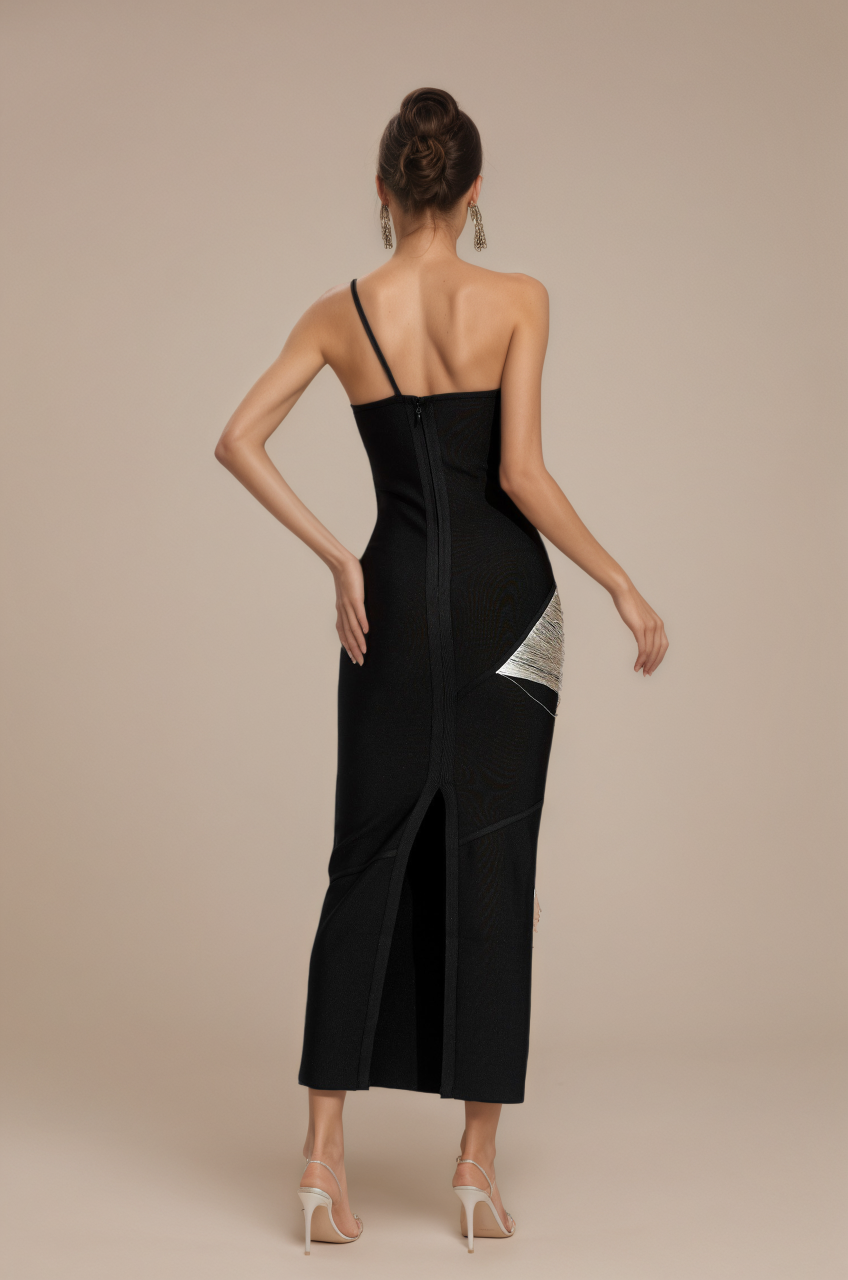 Silver Fringe One-Shoulder Black Cocktail Dress