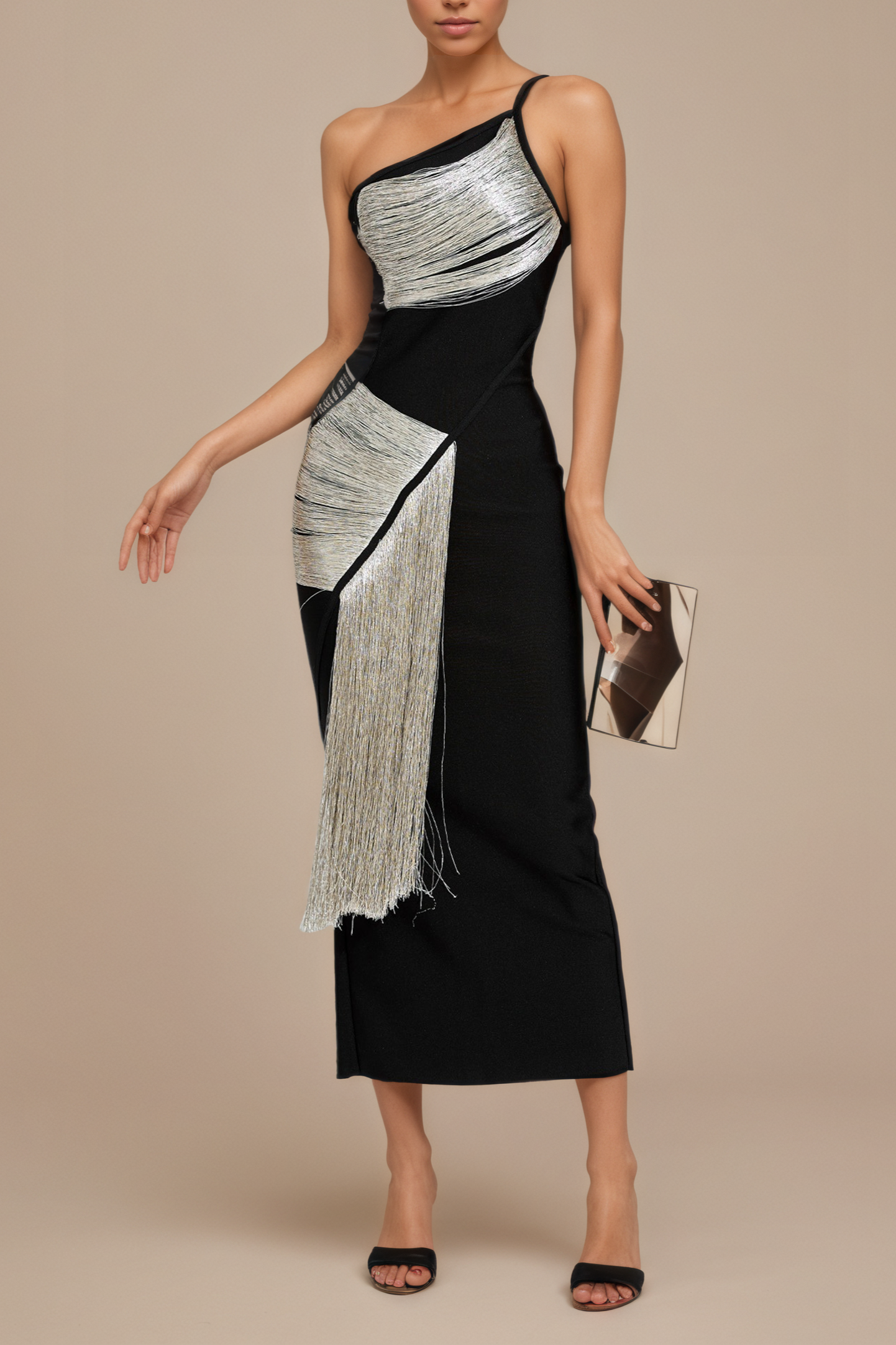 Silver Fringe One-Shoulder Black Cocktail Dress