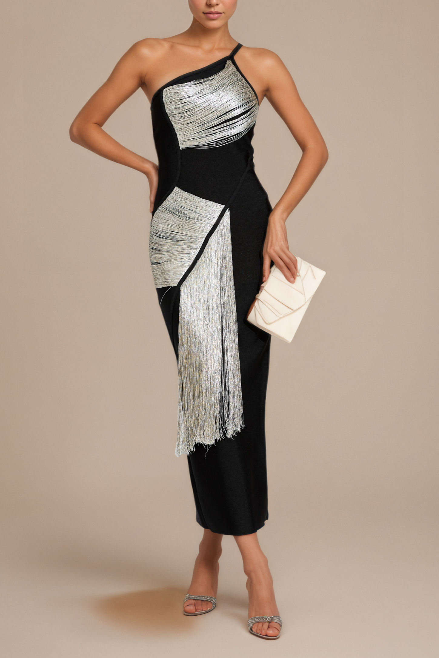 Silver Fringe One-Shoulder Black Cocktail Dress