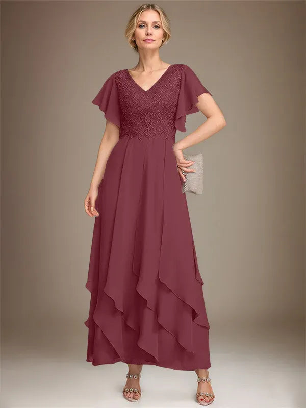 A-line V-Neck Ankle-Length Lace Chiffon Mother of the Bride Dress With Cascading Ruffles