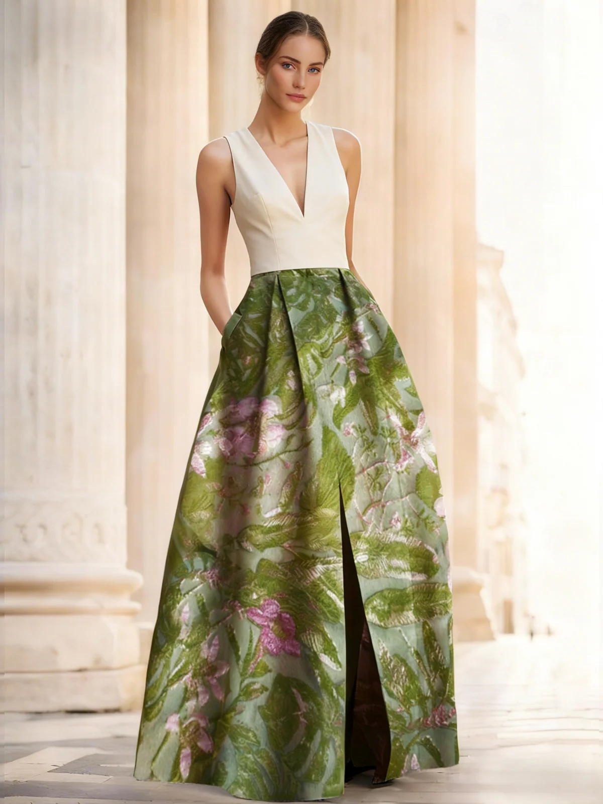 A-Line Evening Gown Elegant Jacquard Floral Dress Prom Floor Length Sleeveless V Neck with Slit Pocket Wedding Guest Dress