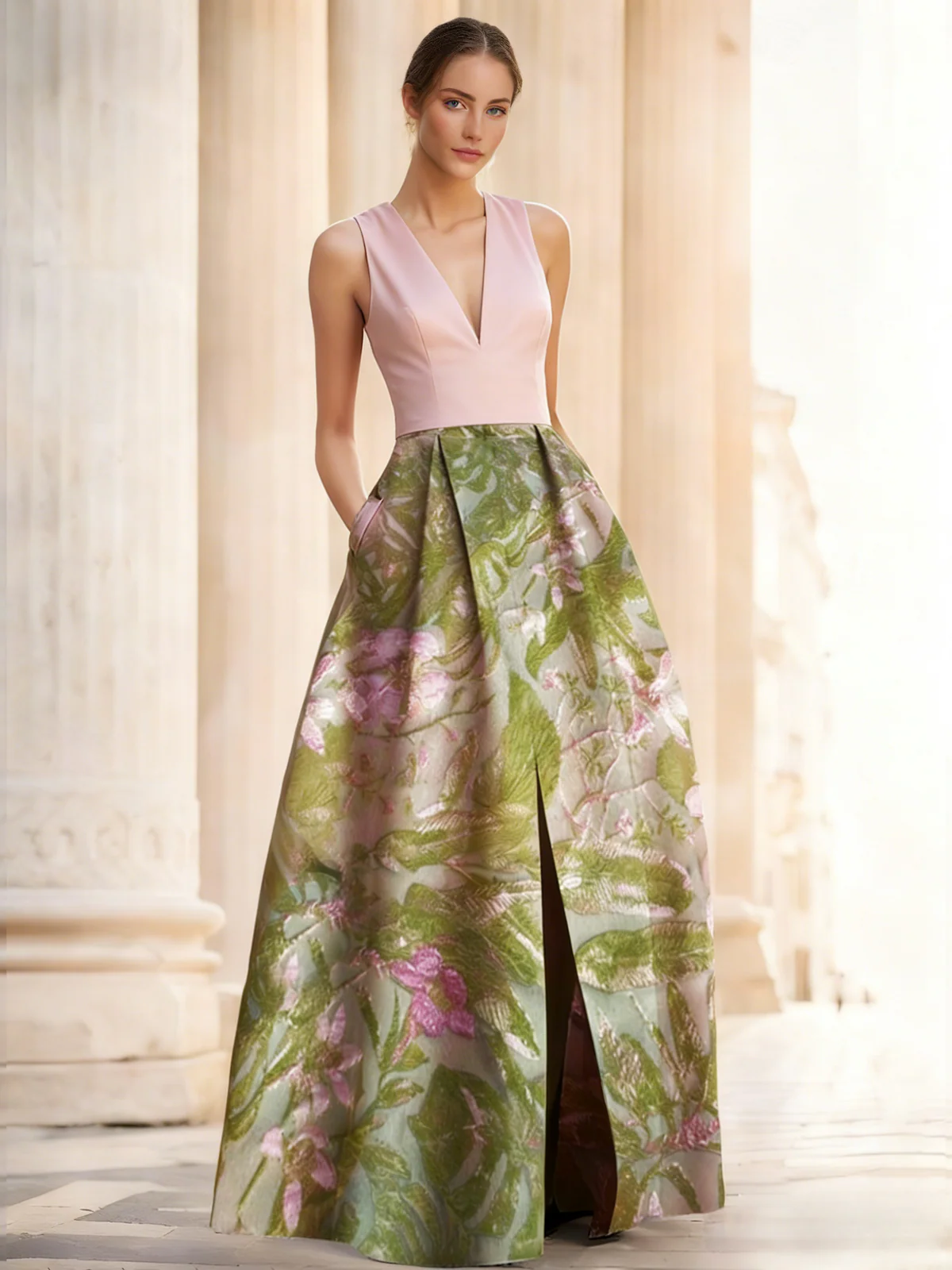 A-Line Evening Gown Elegant Jacquard Floral Dress Prom Floor Length Sleeveless V Neck with Slit Pocket Wedding Guest Dress