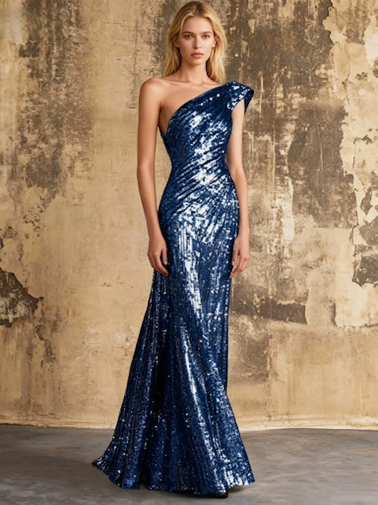 Mermaid Sequins Evening Dress Formal One Shoulder Sleeveless Floor Length Sparkle Christmas Party Ruched