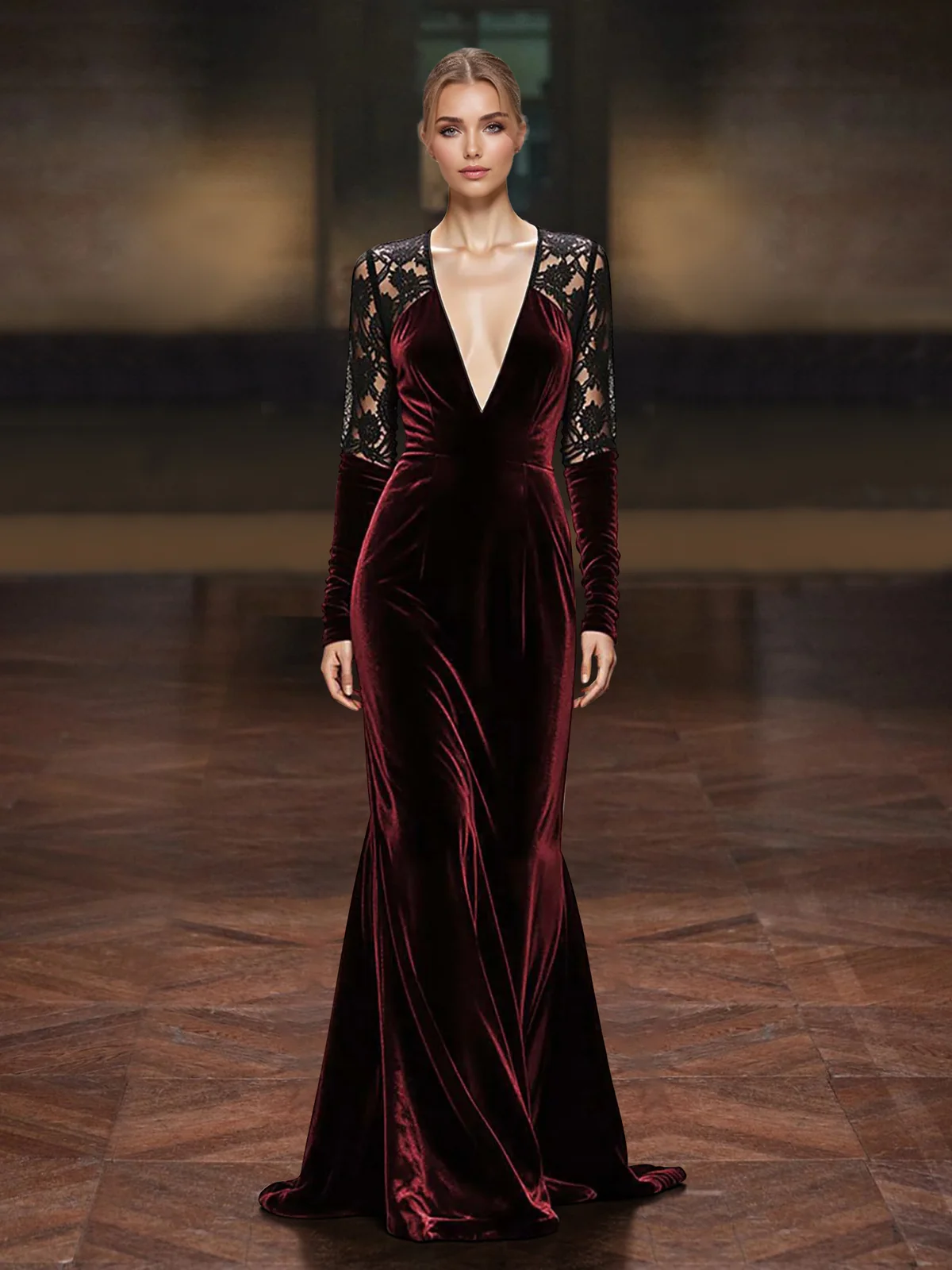 Deep V-Neck Lace Long Sleeve Velvet Evening Gown