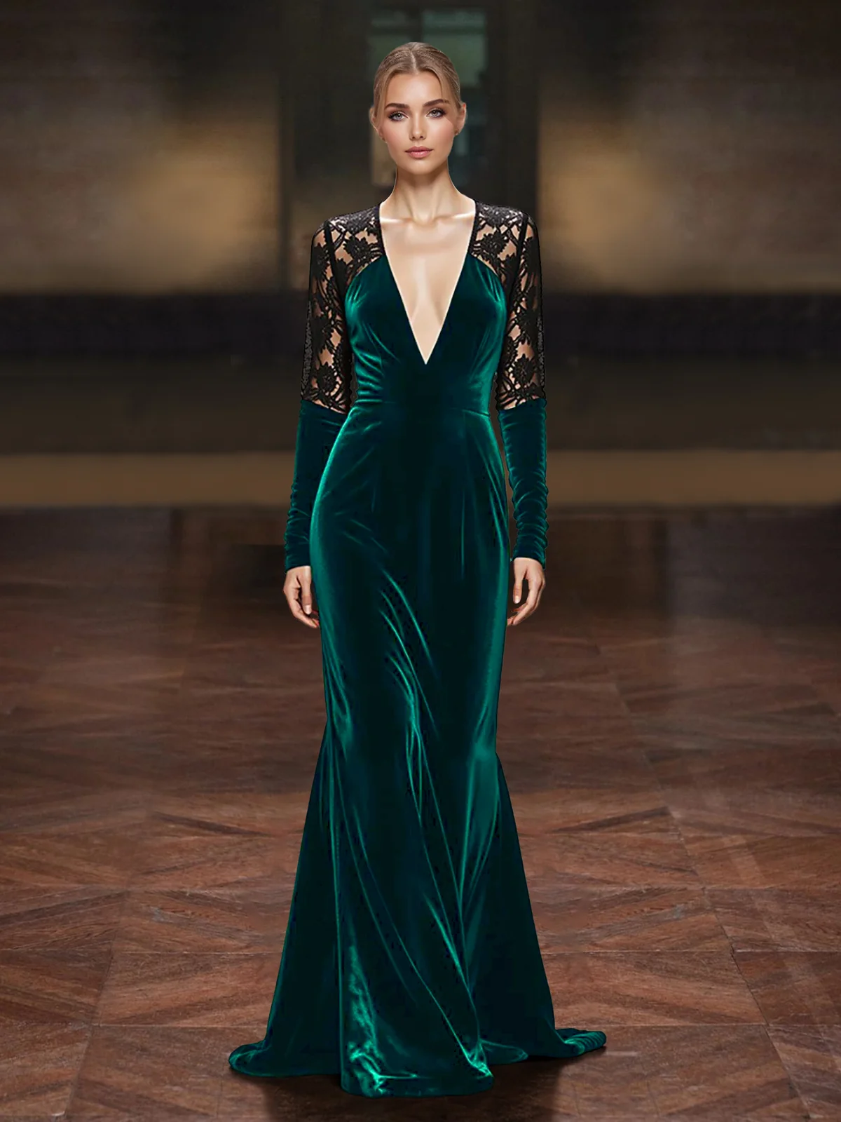 Deep V-Neck Lace Long Sleeve Velvet Evening Gown