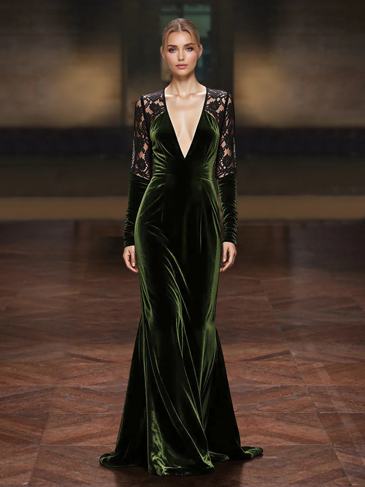 Deep V-Neck Lace Long Sleeve Velvet Evening Gown