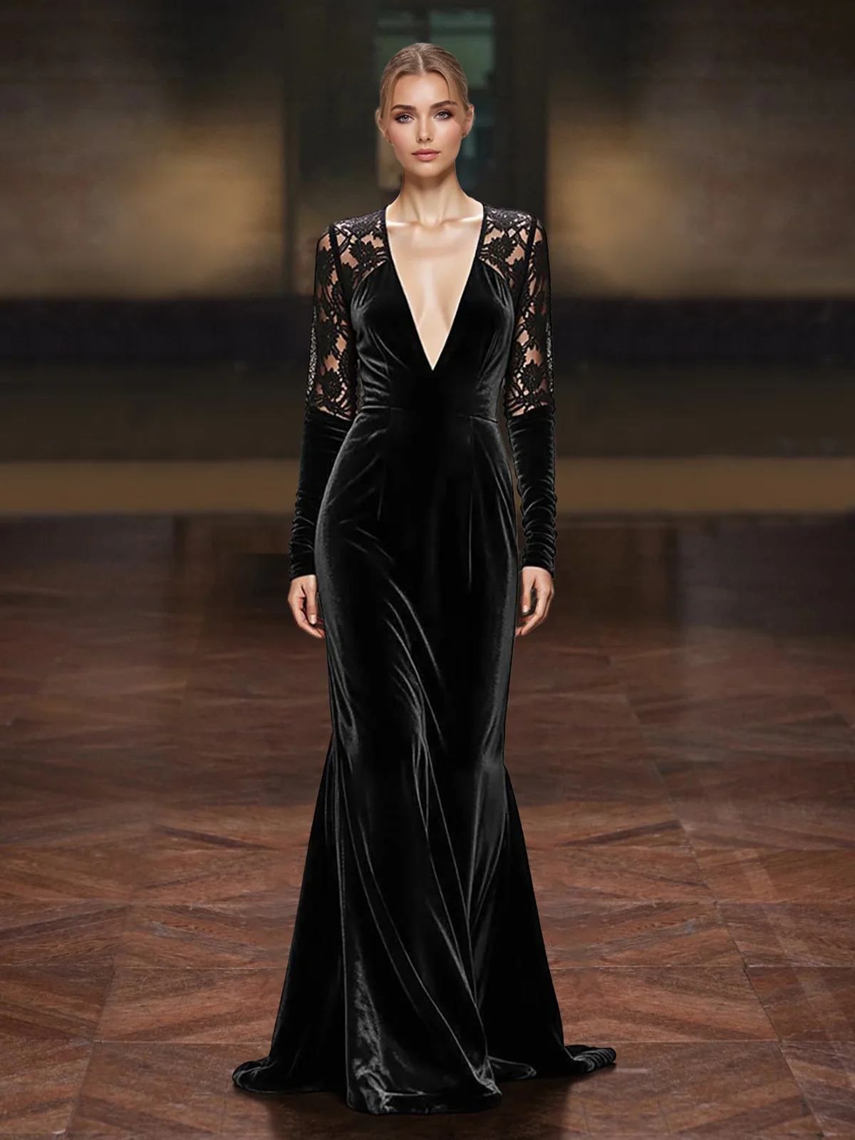 Deep V-Neck Lace Long Sleeve Velvet Evening Gown