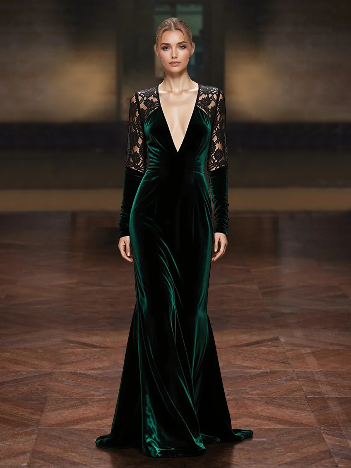 Deep V-Neck Lace Long Sleeve Velvet Evening Gown