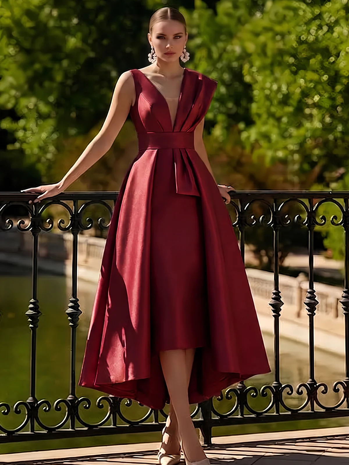 A-Line Cocktail Dresses Tea Length Elegant Two Piece V-Neck Dresses Garden Party Dress with Bow Pleats