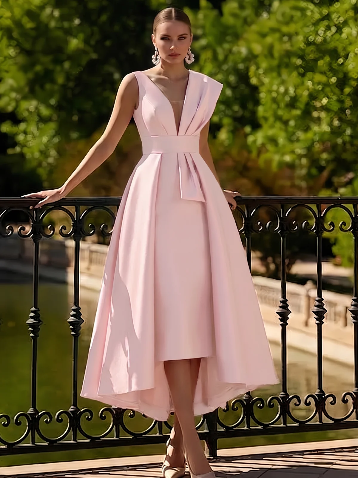 A-Line Cocktail Dresses Tea Length Elegant Two Piece V-Neck Dresses Garden Party Dress with Bow Pleats