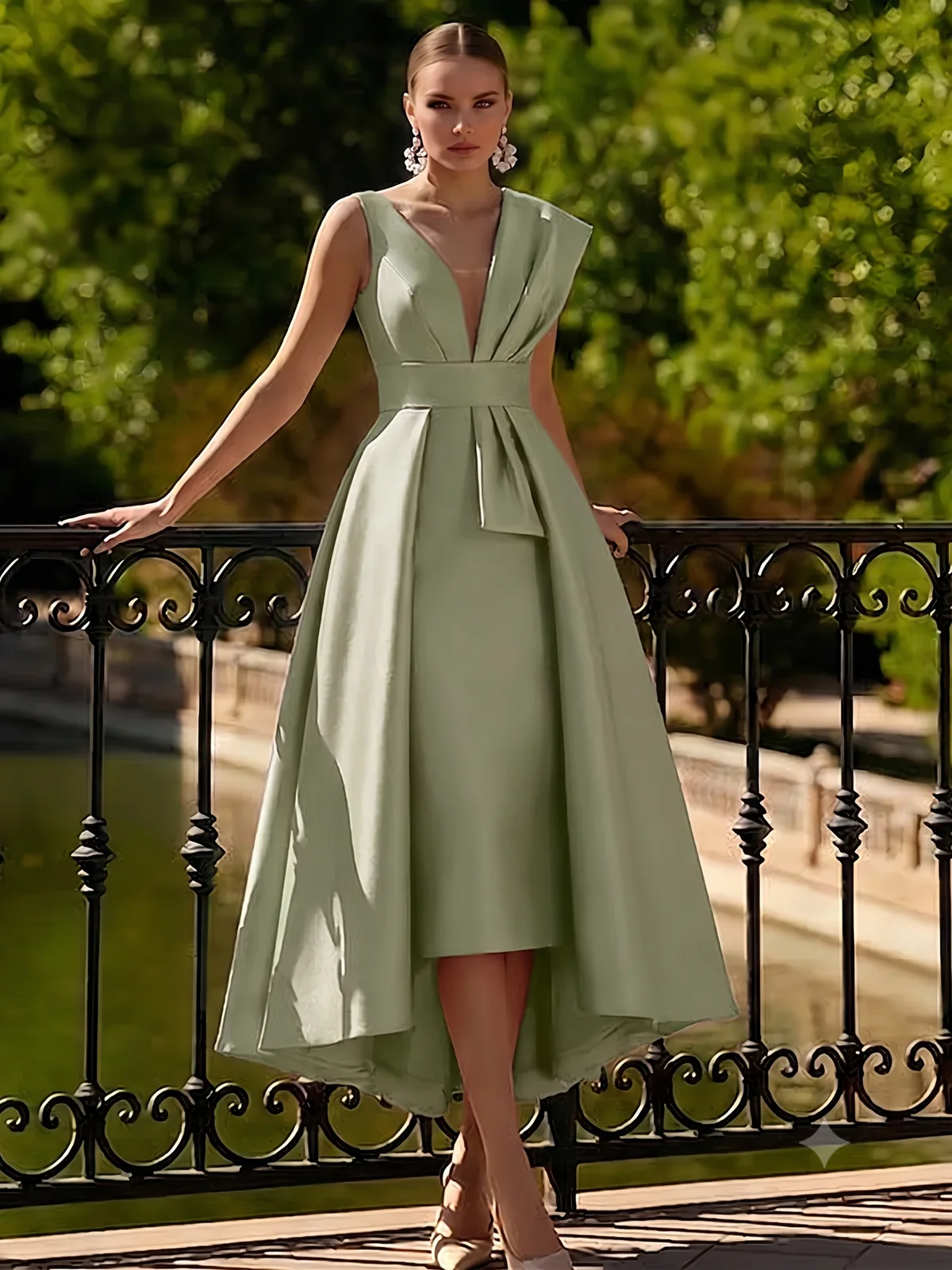 A-Line Cocktail Dresses Tea Length Elegant Two Piece V-Neck Dresses Garden Party Dress with Bow Pleats