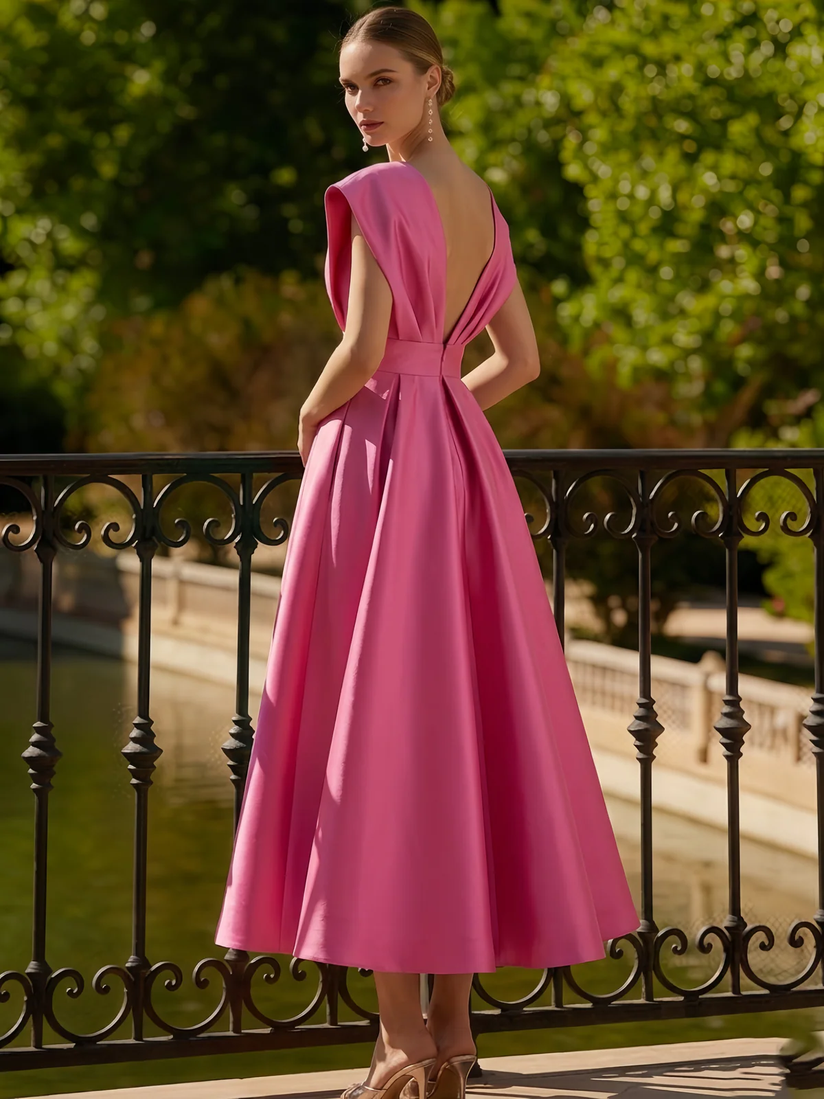 A-Line Cocktail Dresses Tea Length Elegant Two Piece V-Neck Dresses Garden Party Dress with Bow Pleats