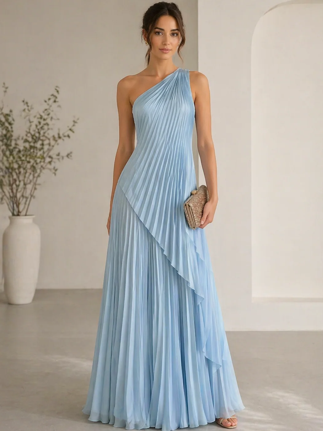 A-Line/Princess Evening Dress Sleeveless One Shoulder Satin Floor-Length Dress Top With Skirt Two-Piece Set