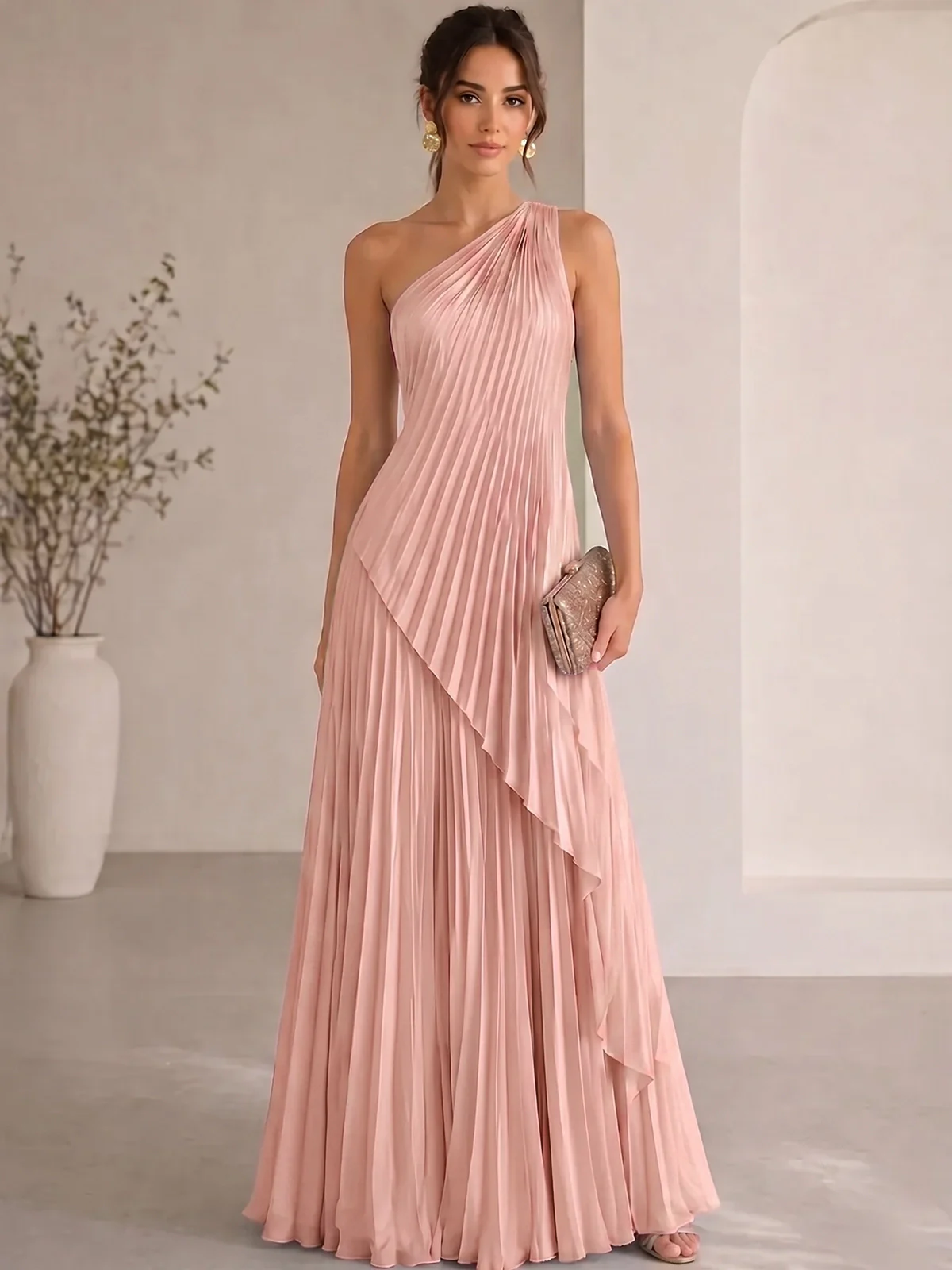 A-Line/Princess Evening Dress Sleeveless One Shoulder Satin Floor-Length Dress Top With Skirt Two-Piece Set