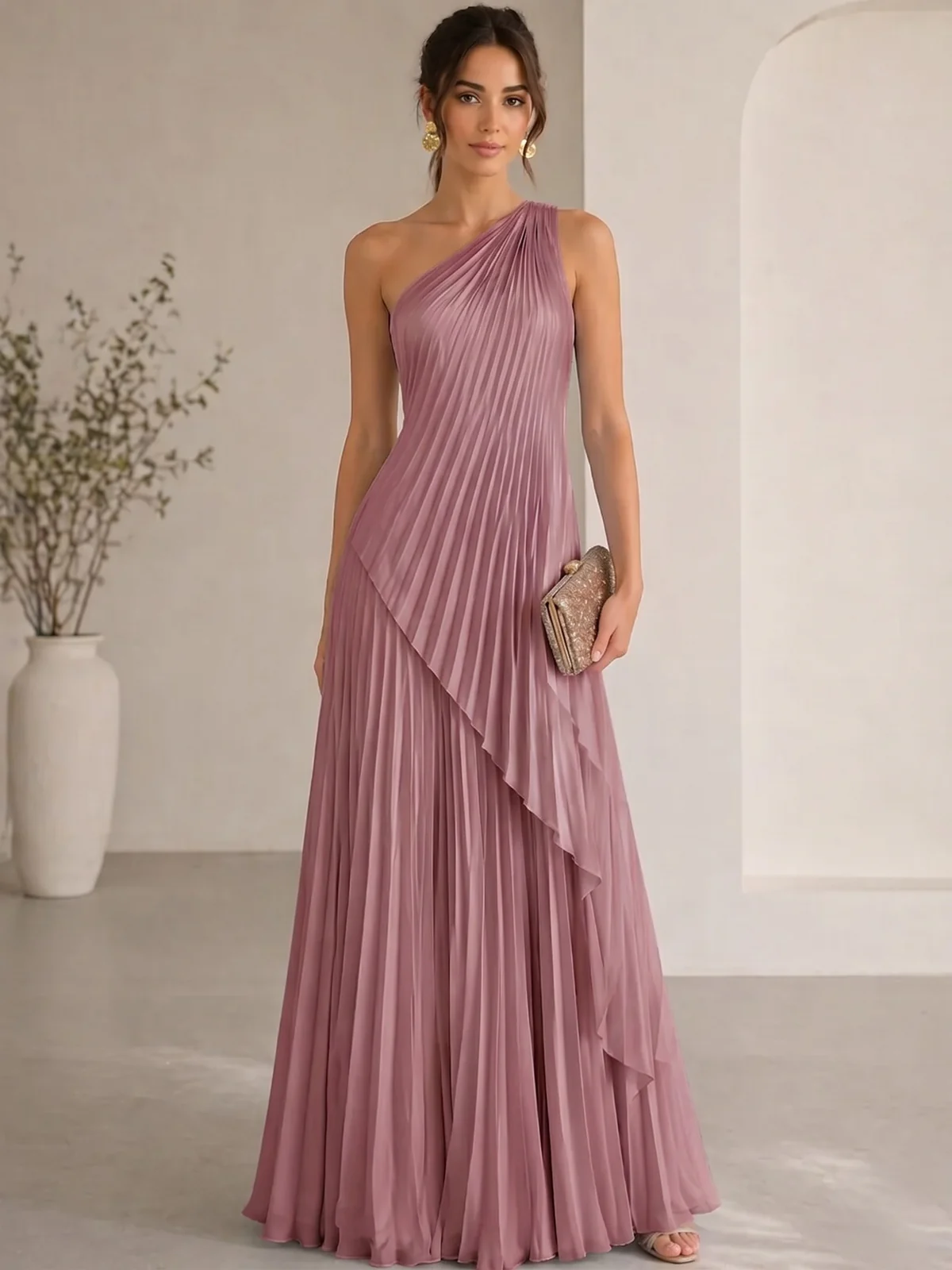Elegant One-Shoulder Pleated Evening Gown