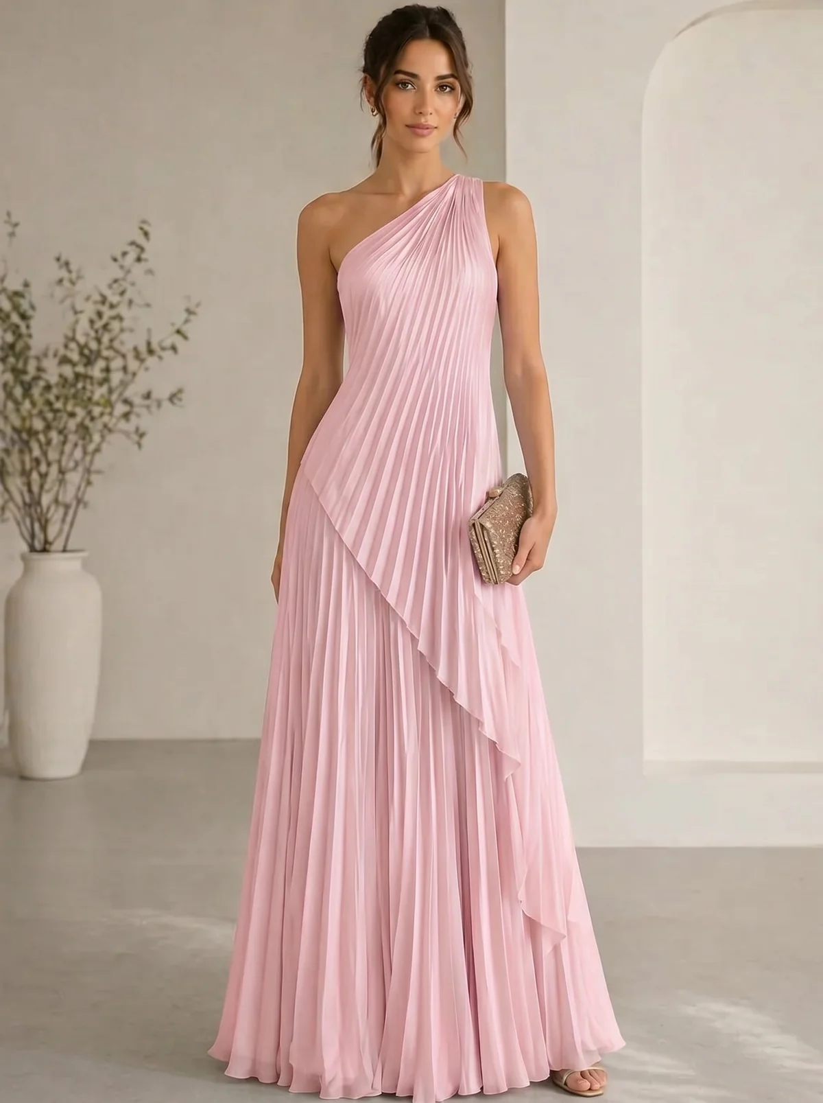 A-Line/Princess Evening Dress Sleeveless One Shoulder Satin Floor-Length Dress Top With Skirt Two-Piece Set