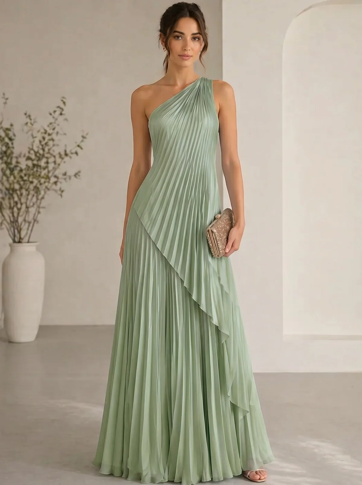 A-Line/Princess Evening Dress Sleeveless One Shoulder Satin Floor-Length Dress Top With Skirt Two-Piece Set