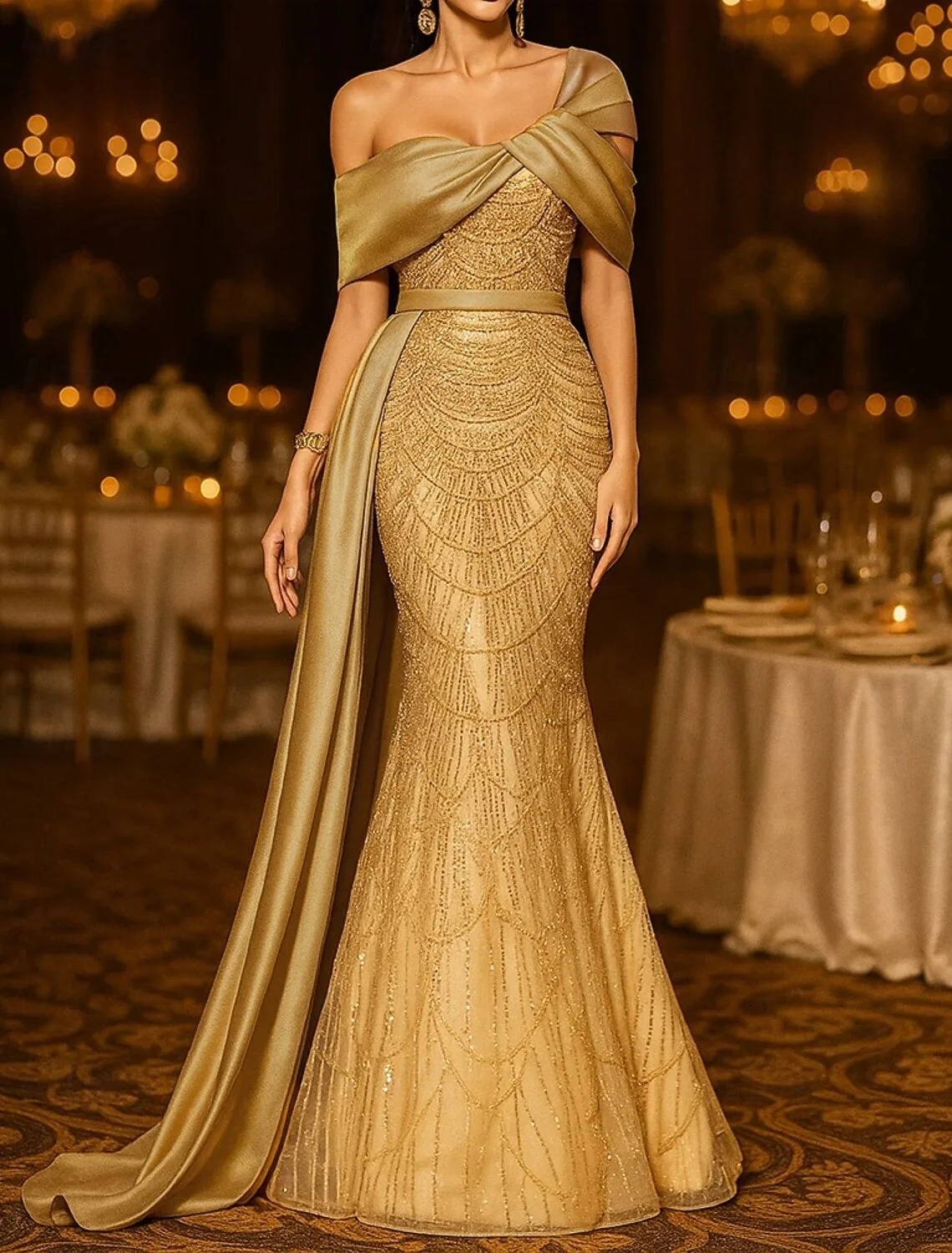 Sequin Mermaid / Trumpet Evening Gown Elegant Formal Dress Formal Wedding Floor Length Sleeveless Off Shoulder Sequined with Glitter