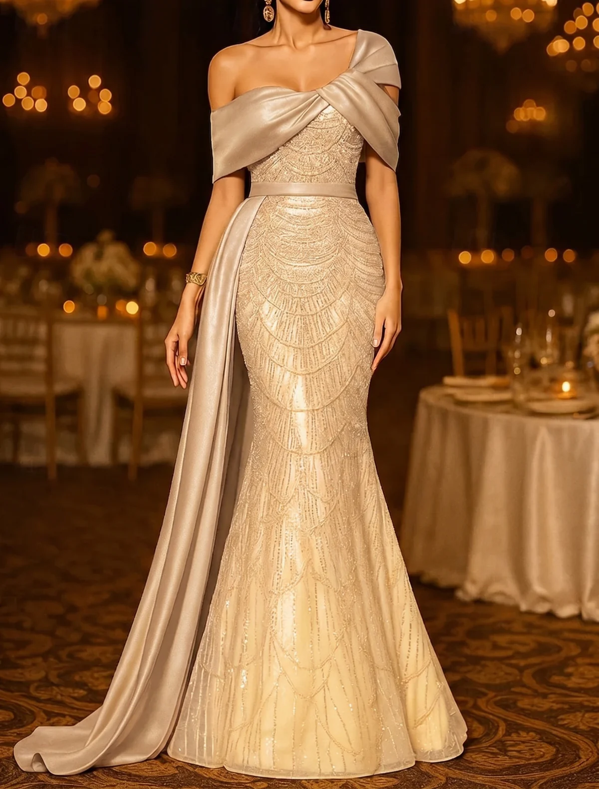 Sequin Mermaid / Trumpet Evening Gown Elegant Formal Dress Formal Wedding Floor Length Sleeveless Off Shoulder Sequined with Glitter