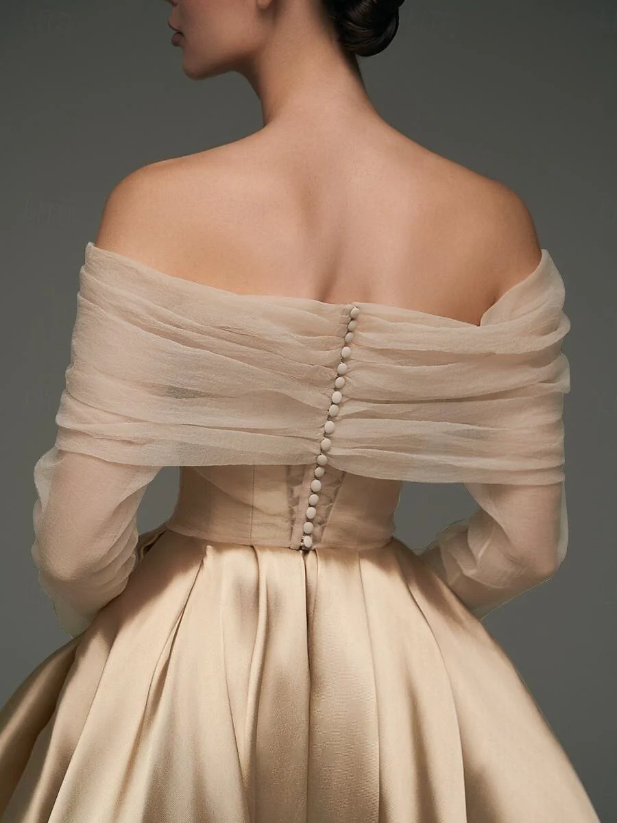 A Line Cocktail Dress Detachable With Shawl Ankle Length Elegant Dresses Formal Wedding Long Sleeve Off Shoulder Satin Dress