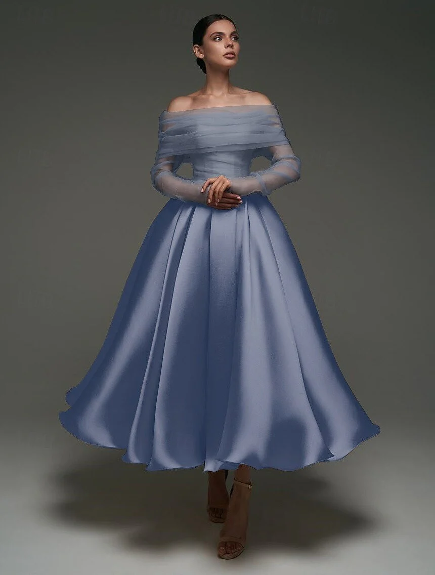 A Line Cocktail Dress Detachable With Shawl Ankle Length Elegant Dresses Formal Wedding Long Sleeve Off Shoulder Satin Dress