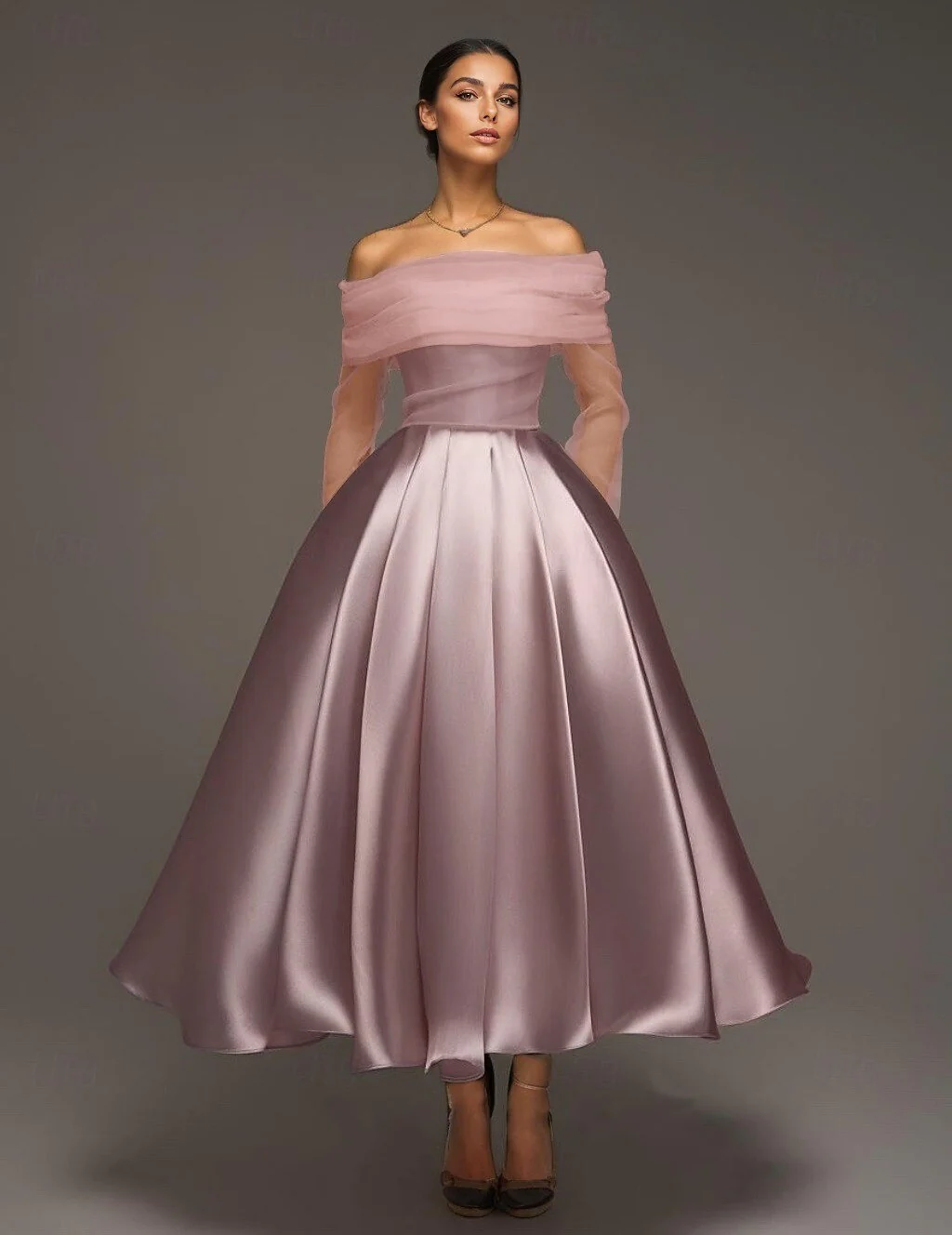 A Line Cocktail Dress Detachable With Shawl Ankle Length Elegant Dresses Formal Wedding Long Sleeve Off Shoulder Satin Dress