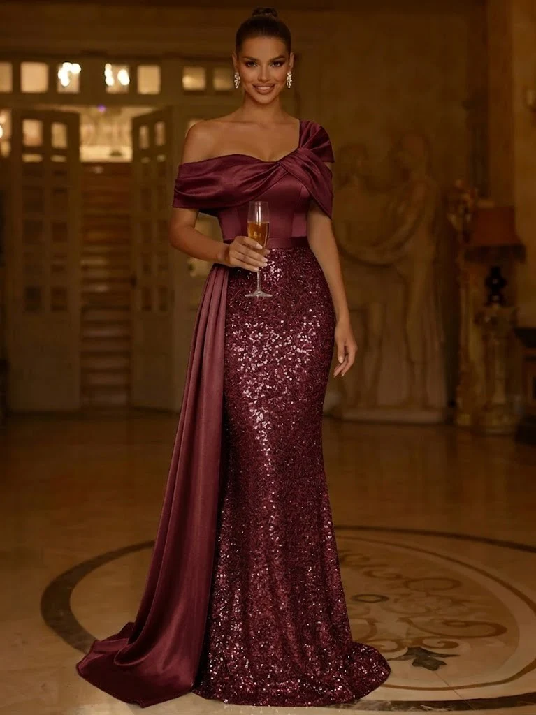 Sequin Mermaid / Trumpet Evening Gown Elegant Formal Dress Formal Wedding Floor Length Sleeveless Off Shoulder Sequined