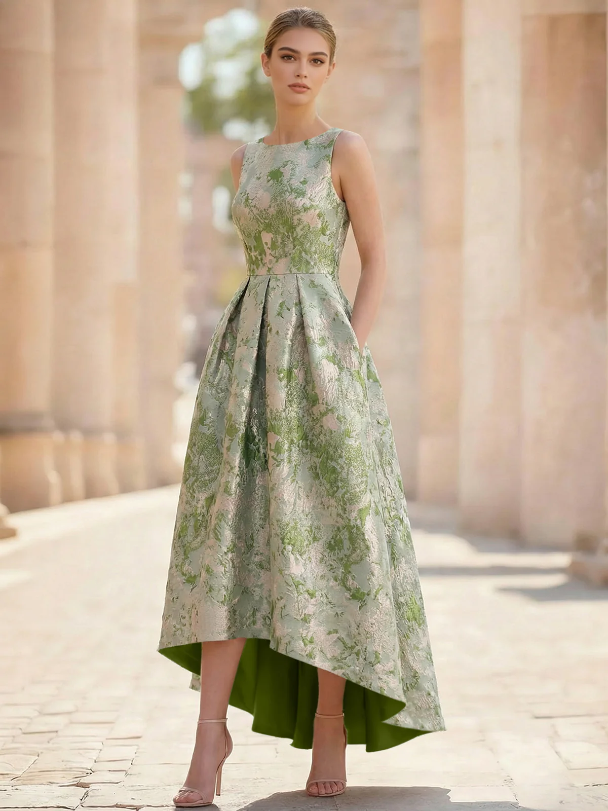 A-Line Cocktail Dress Elegant Jacquard Floral Dress High Low Tea Length Sleeveless Round Neck with Pocket Wedding Guest Dress  (27)