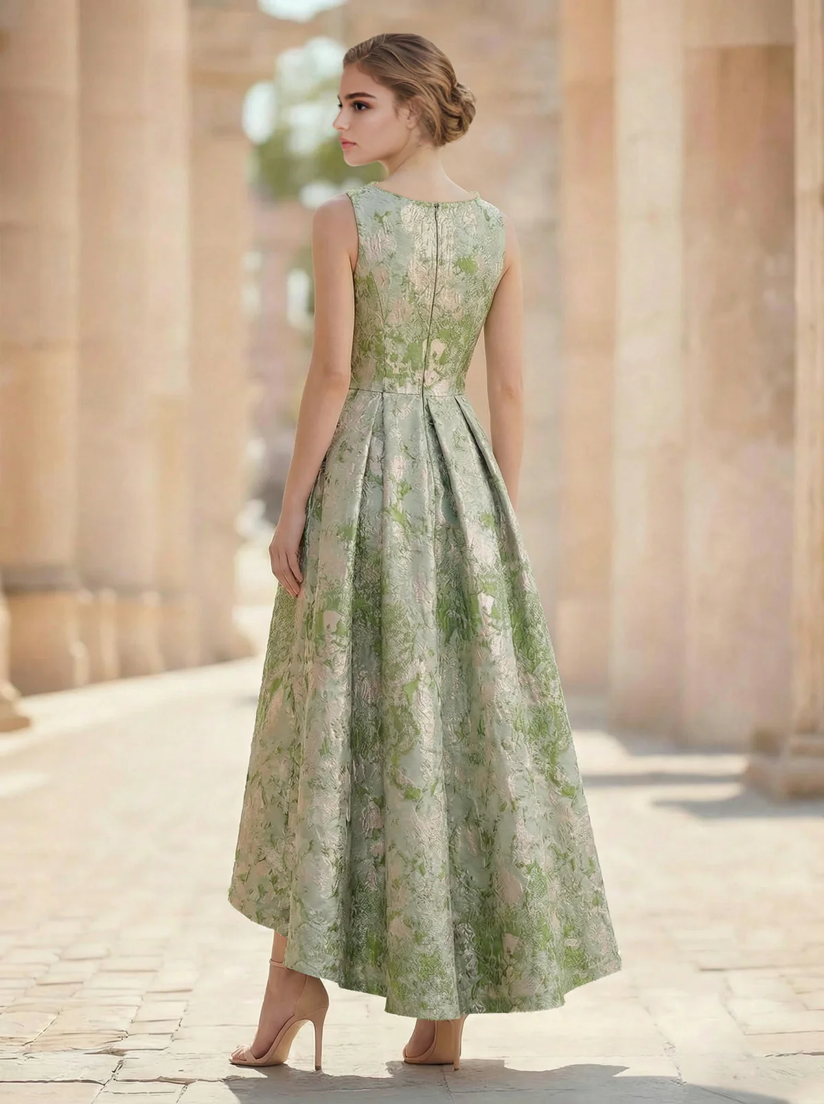 A-Line Cocktail Dress Elegant Jacquard Floral Dress High Low Tea Length Sleeveless Round Neck with Pocket Wedding Guest Dress  (27)