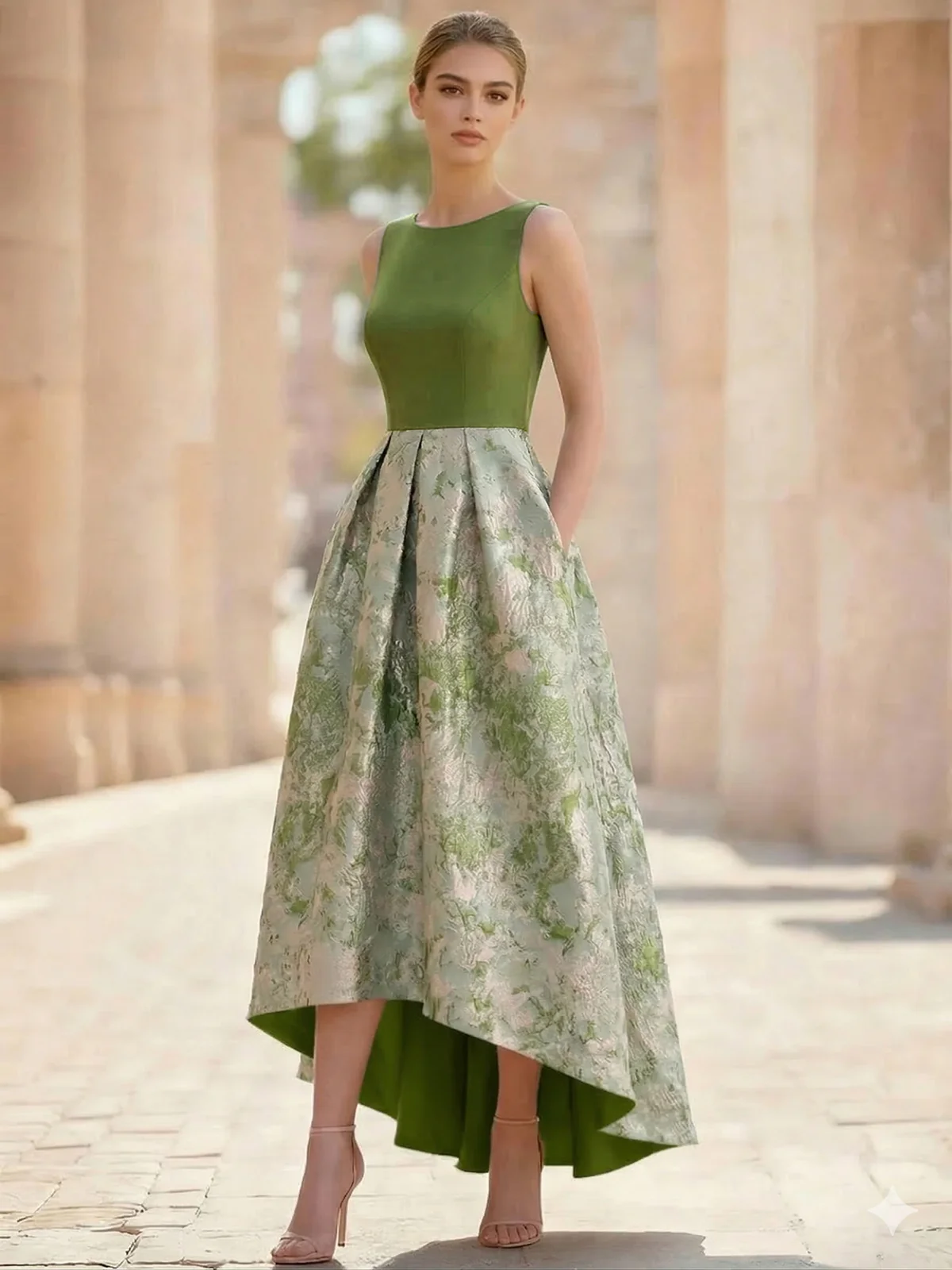 A-Line Cocktail Dress Elegant Jacquard Floral Dress High Low Tea Length Sleeveless Round Neck with Pocket Wedding Guest Dress  (27)