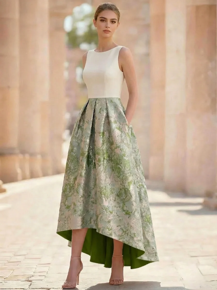 A-Line Cocktail Dress Elegant Jacquard Floral Dress High Low Tea Length Sleeveless Round Neck with Pocket Wedding Guest Dress  (27)