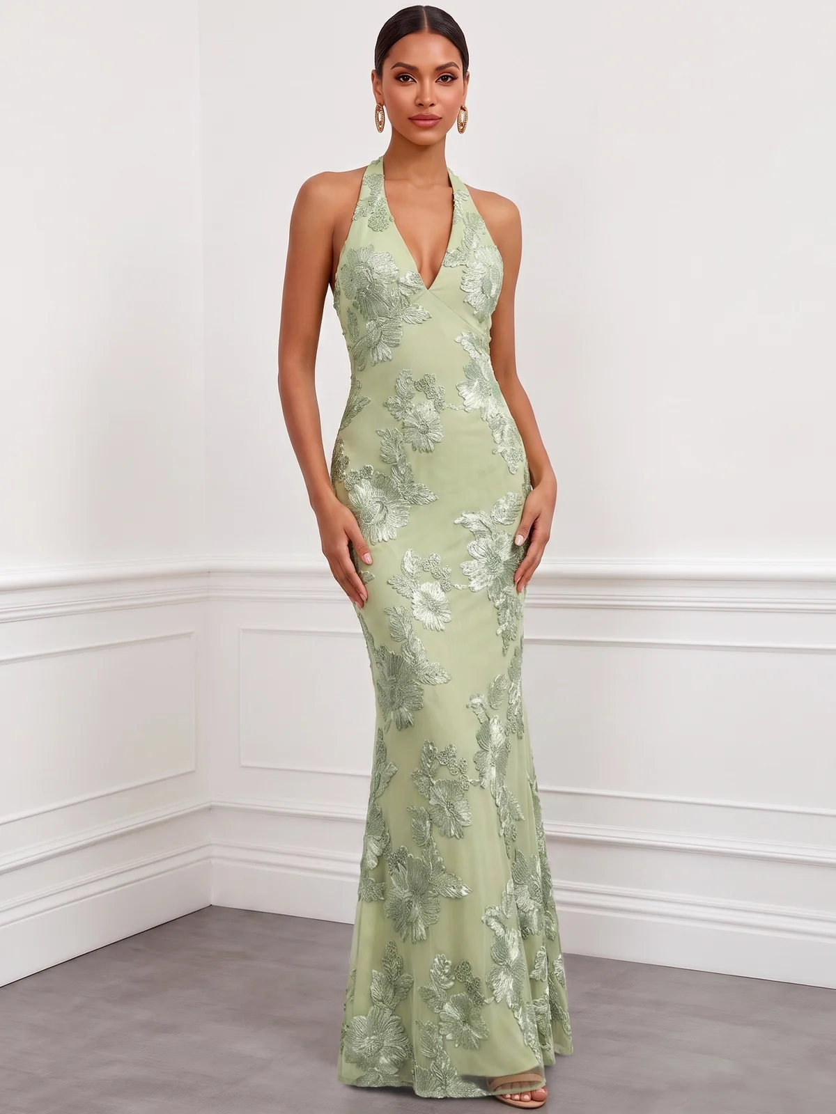 Halter Floral Appliques Satin Mermaid Evening Gown