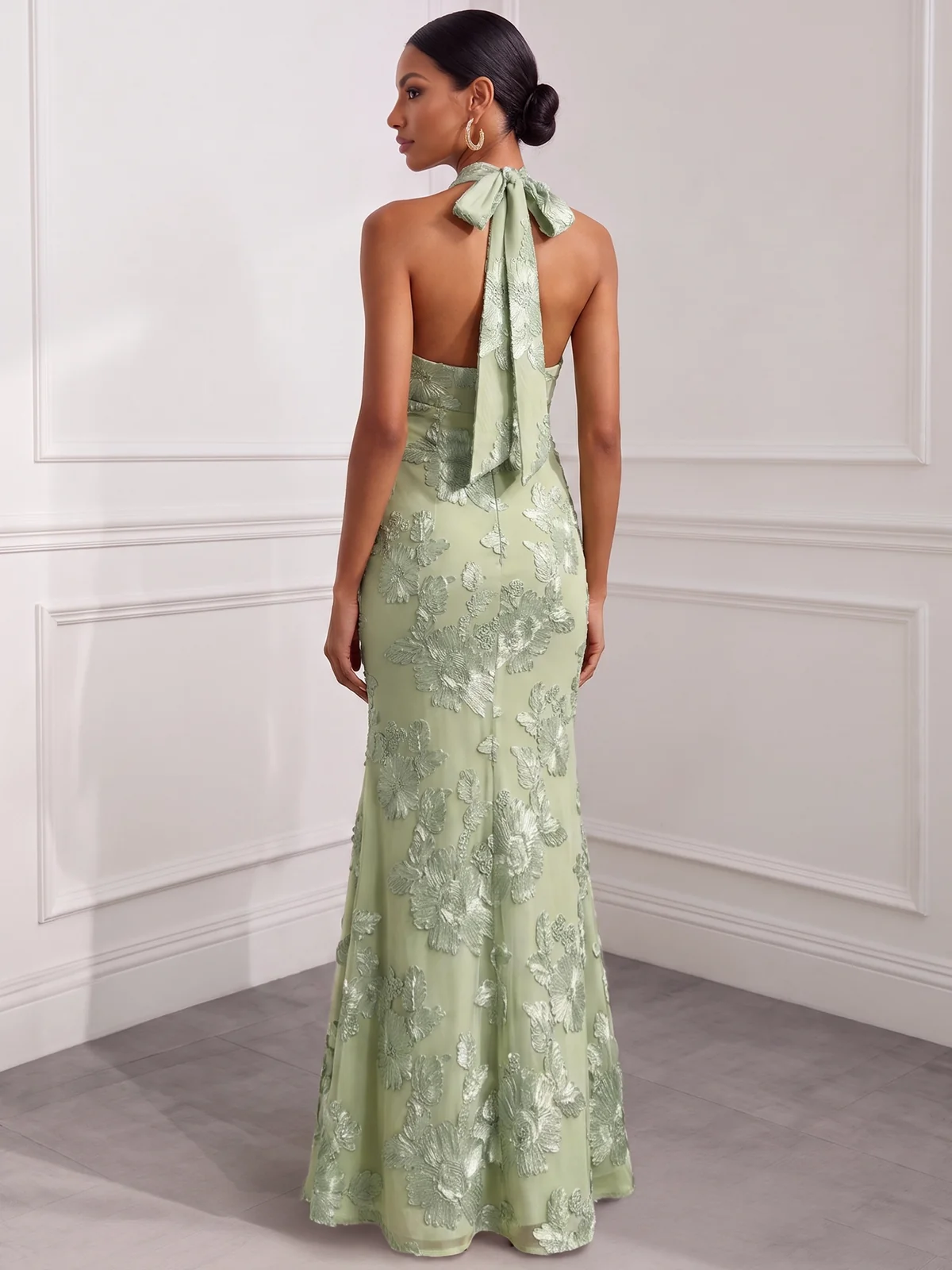 Halter Floral Appliques Satin Mermaid Evening Gown