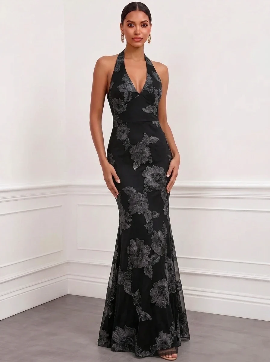 Halter Floral Appliques Satin Mermaid Evening Gown