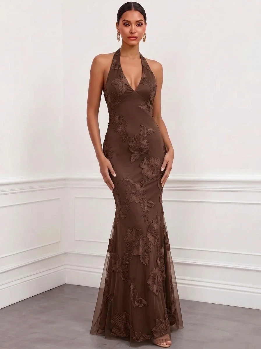 Halter Floral Appliques Satin Mermaid Evening Gown