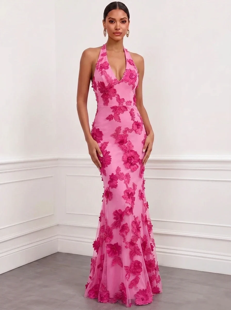 Halter Floral Appliques Satin Mermaid Evening Gown