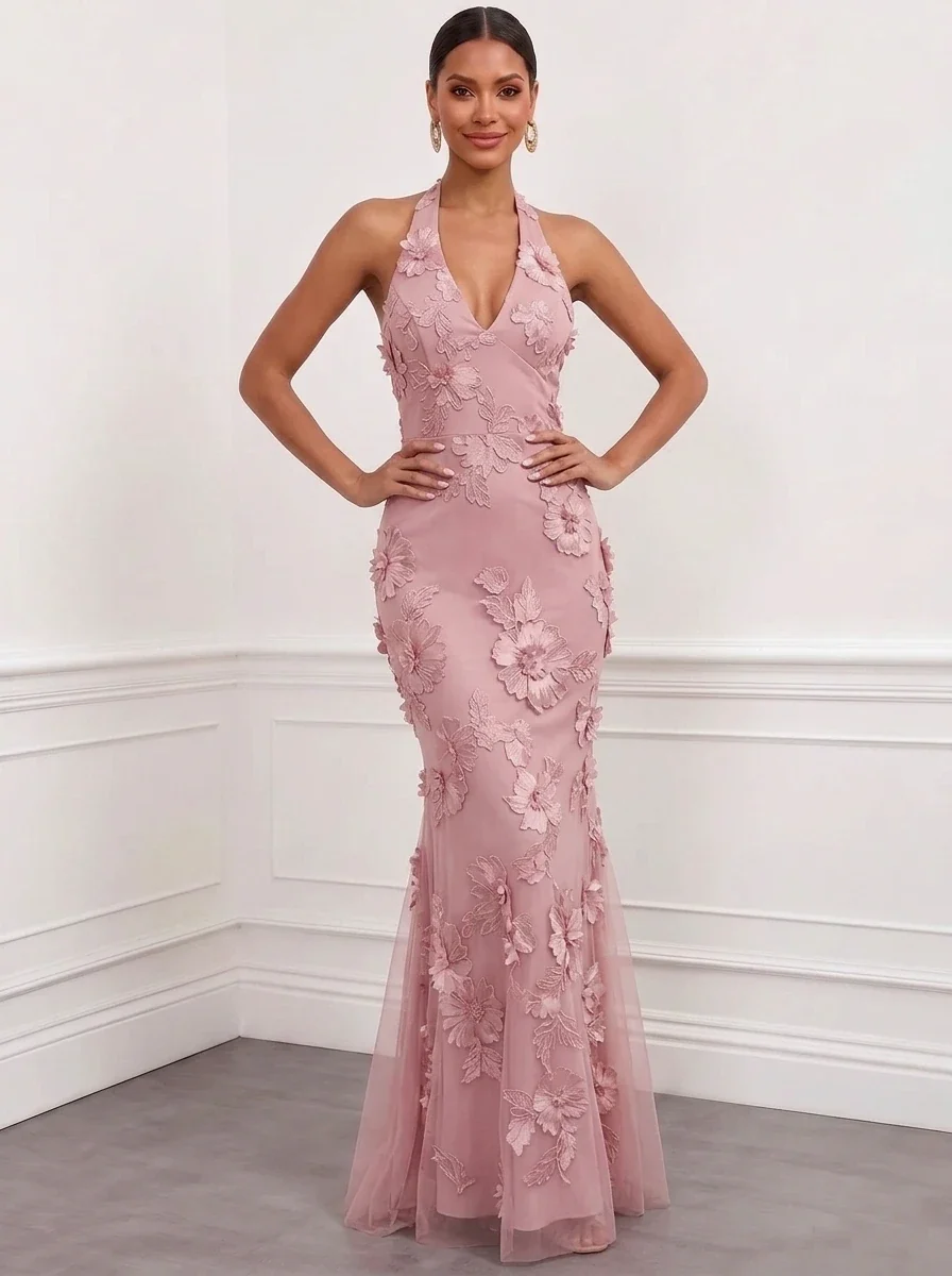 Halter Floral Appliques Satin Mermaid Evening Gown