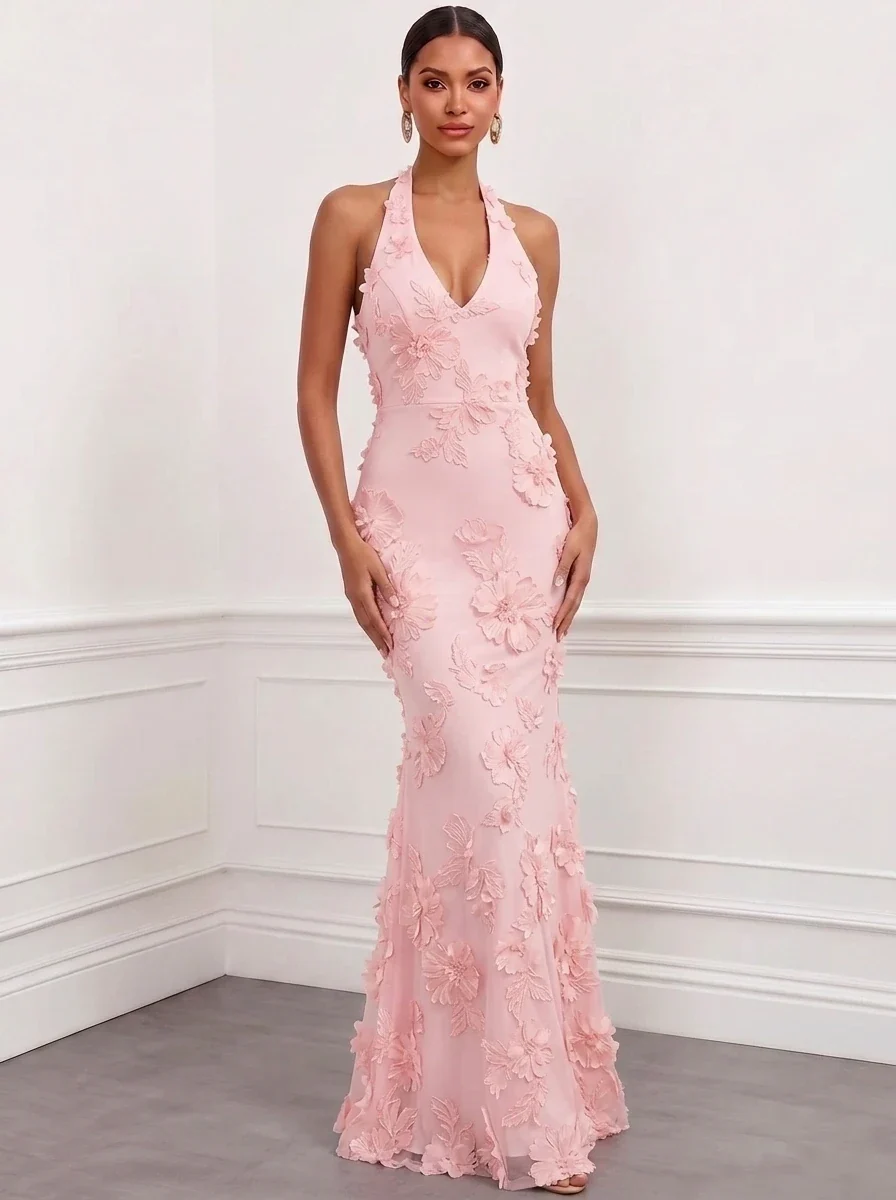 Halter Floral Appliques Satin Mermaid Evening Gown