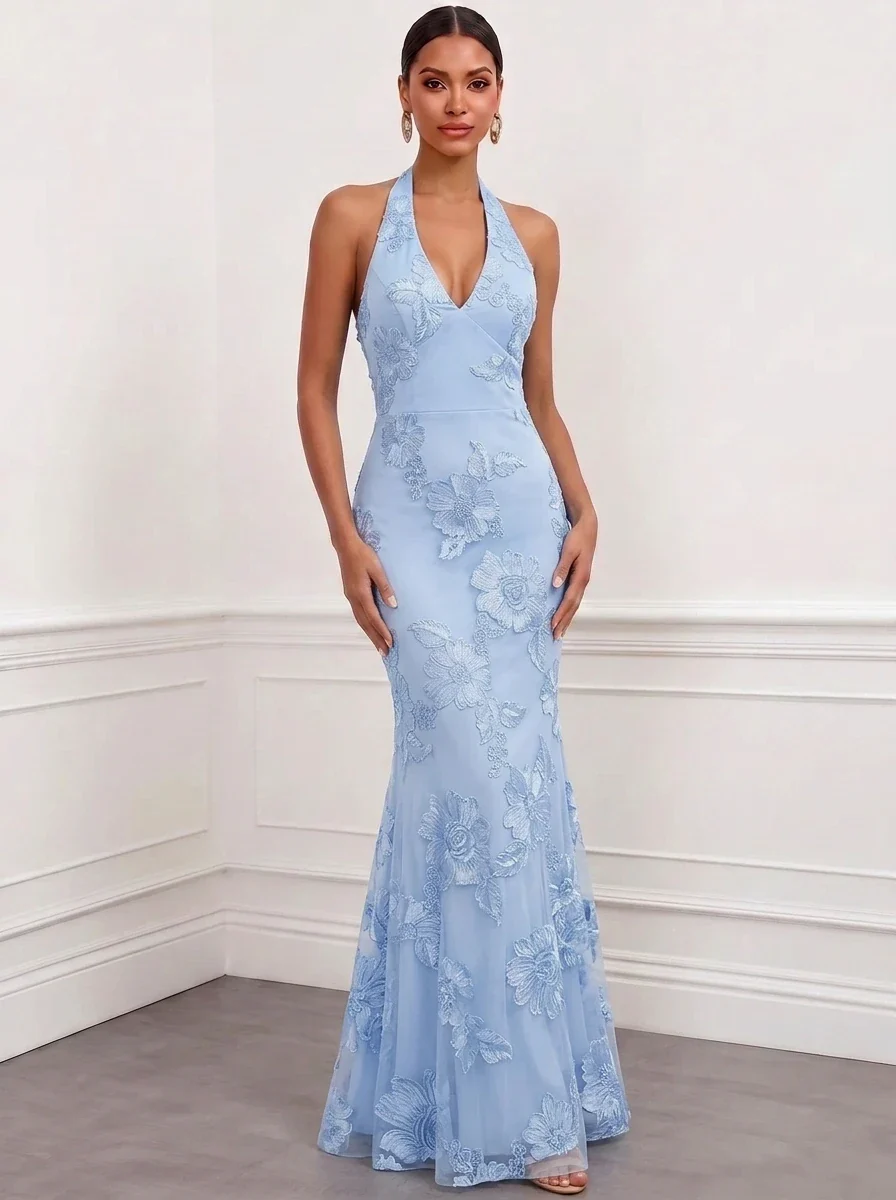 Halter Floral Appliques Satin Mermaid Evening Gown