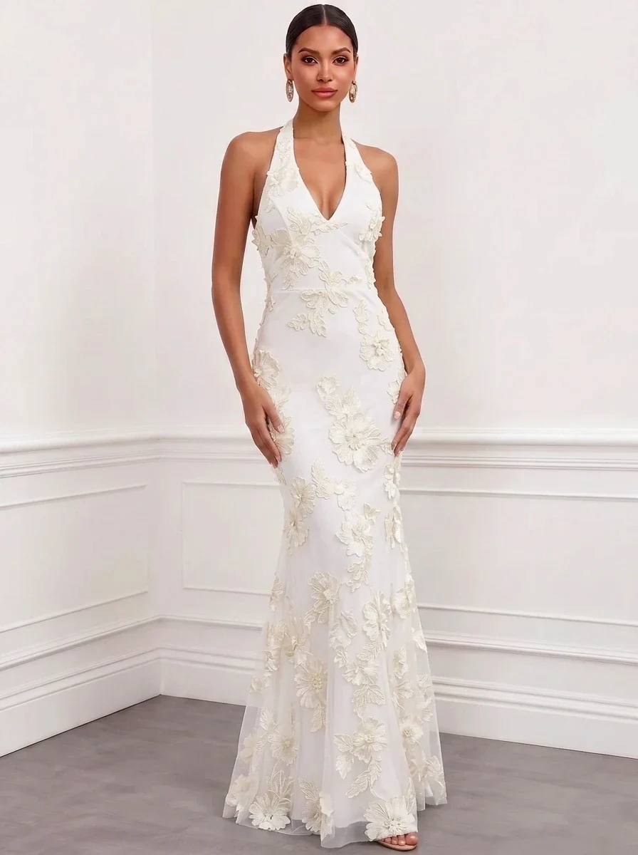 Halter Floral Appliques Satin Mermaid Evening Gown