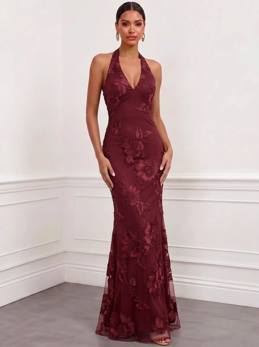 Halter Floral Appliques Satin Mermaid Evening Gown