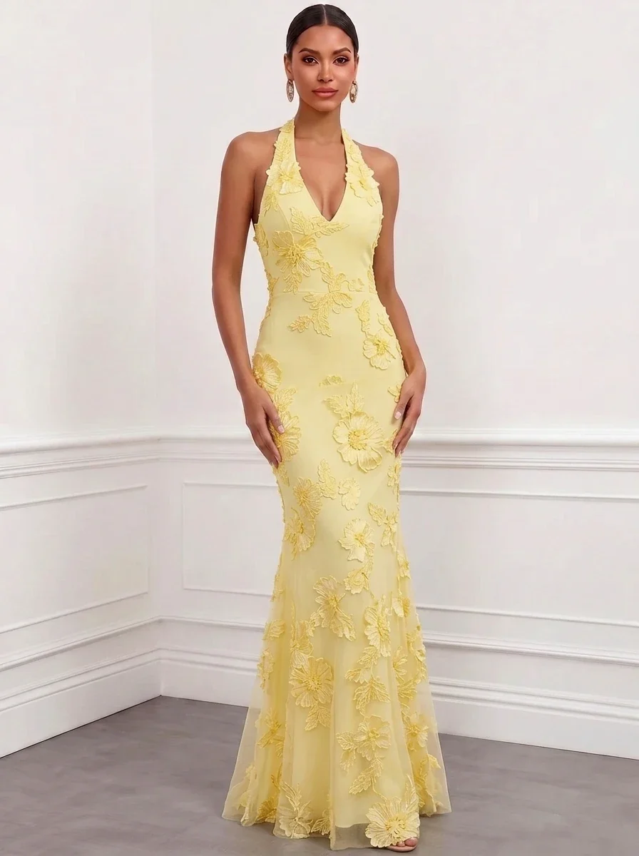 Halter Floral Appliques Satin Mermaid Evening Gown