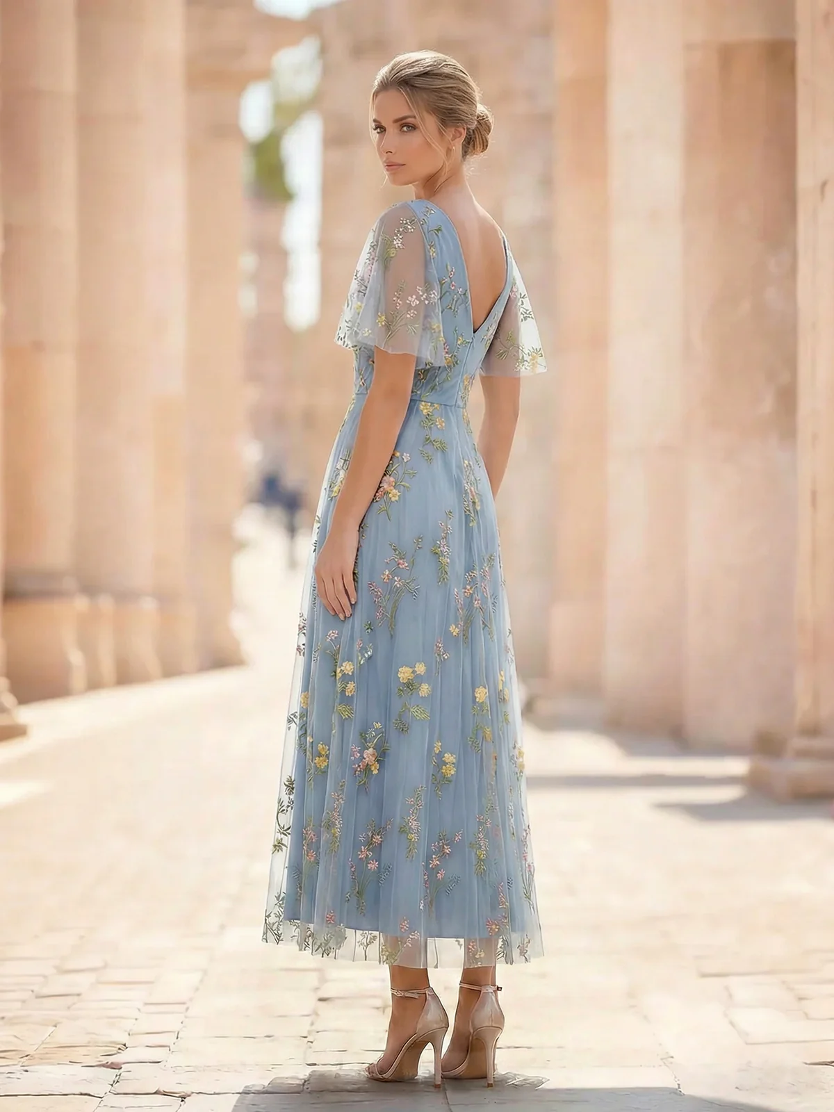 A-Line/Princess Floral Cocktail Dresses Short Sleeves V Neck Tea Length Dresses